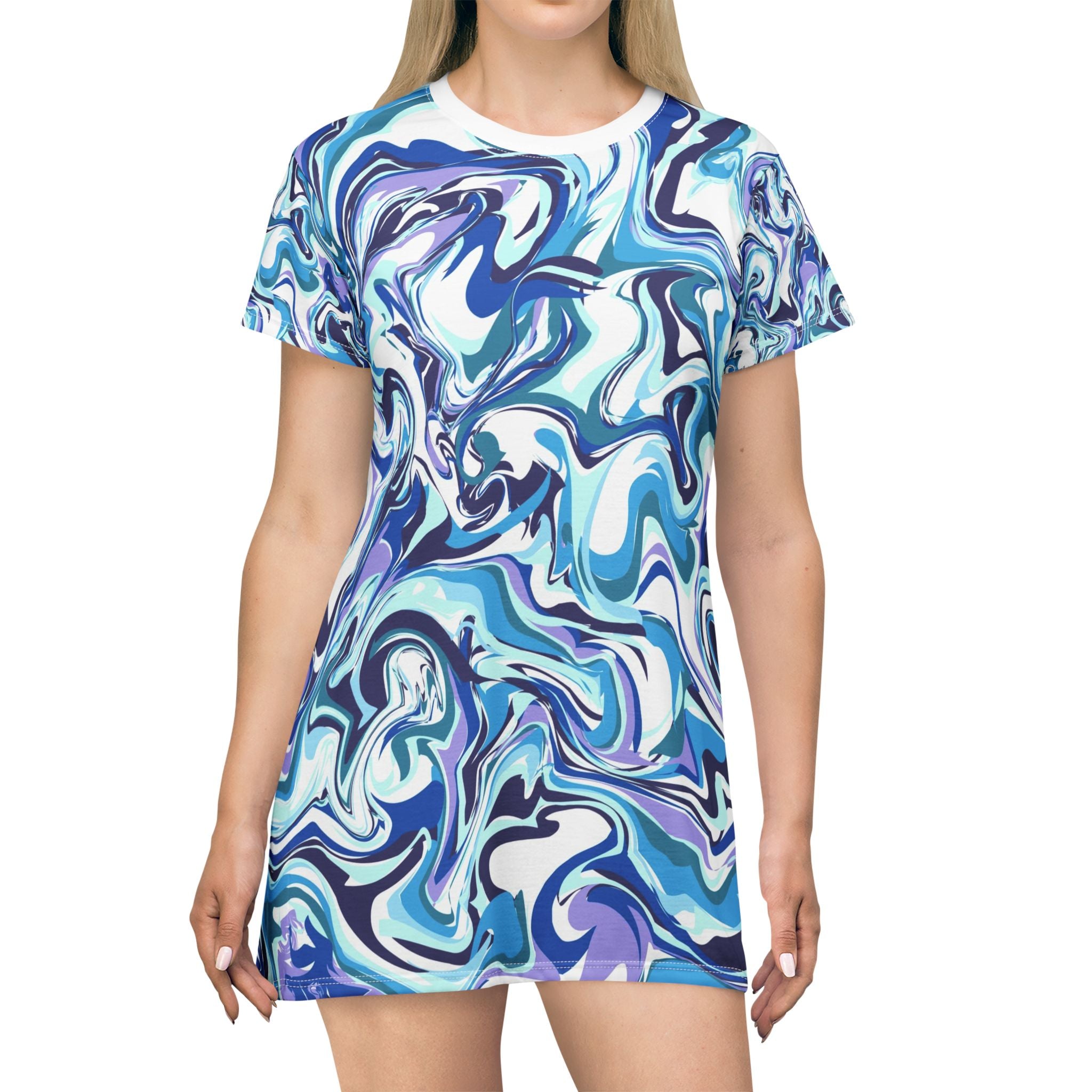 Fluid Art T-Shirt Dress - Colorful Wave Design, Casual Summer Outfit, Beach Day Wear, Gift for Her, Unique Fashion Piece